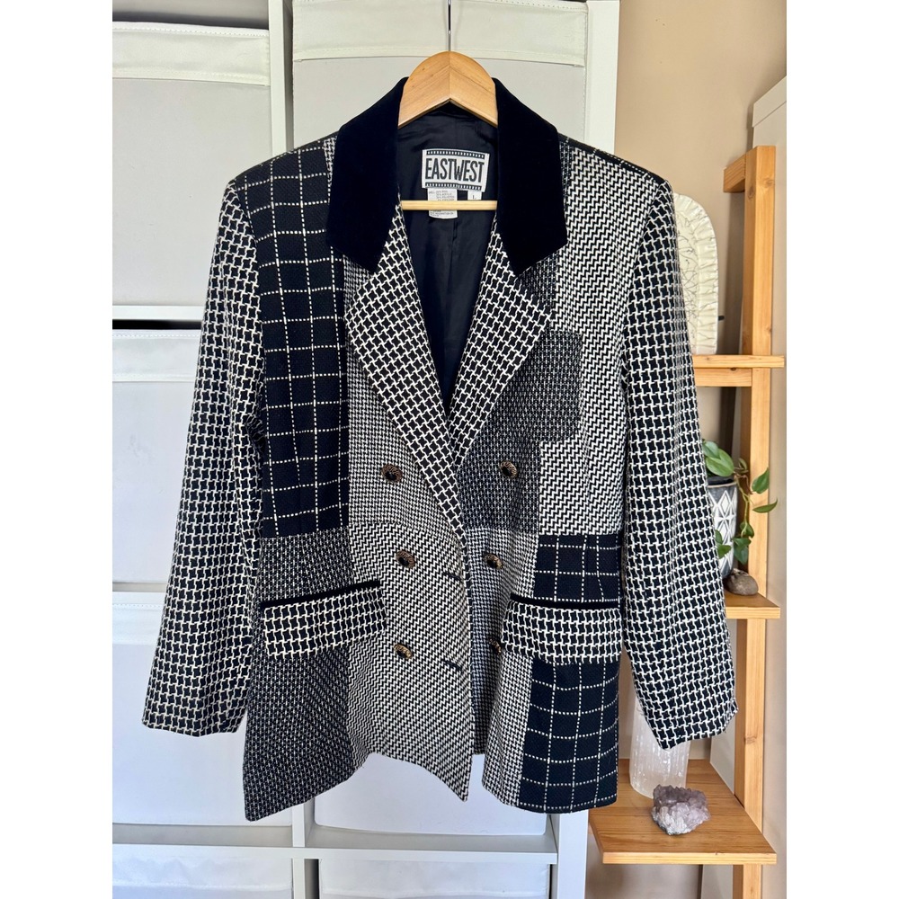 80s/90s Vintage East West Back White Multi Pattern Double Breasted Blazer Large - Picture 2 of 10